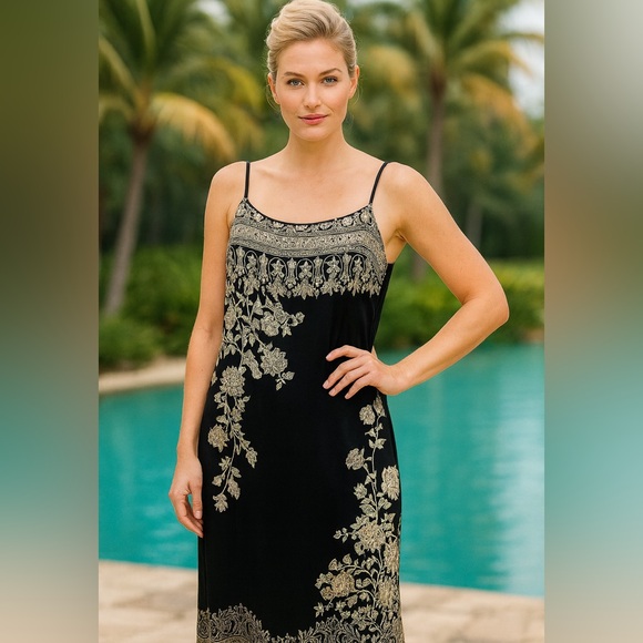 Margaret M made in Canada BOHO taupe cream black MAXI spaghetti strap dress 6 - Picture 1 of 8